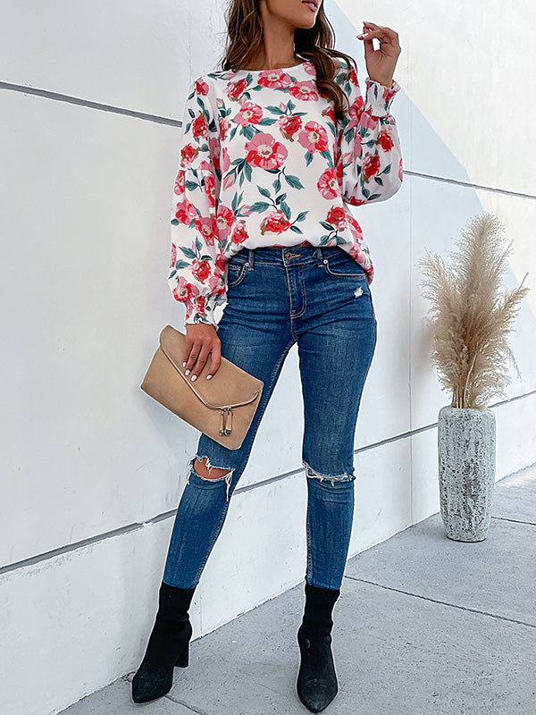 Long Sleeves Loose Elasticity Flower Print Round-Neck Blouses&Shirts Tops