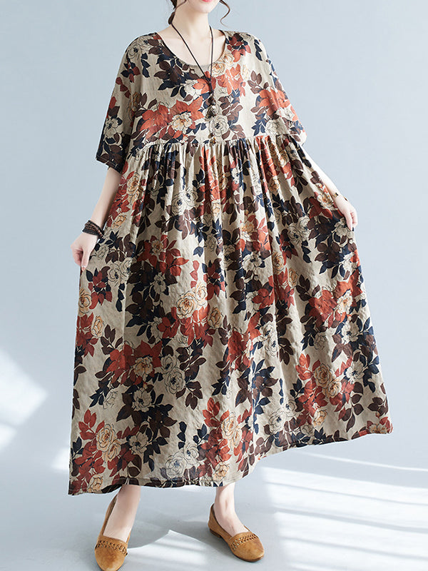 Loose Puff Sleeves Floral Printed Round-Neck Midi Dresses