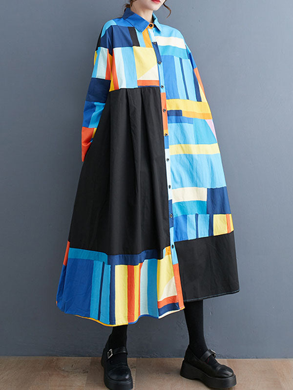 Long Sleeves Loose Color-Block Printed Split-Joint Lapel Midi Dresses