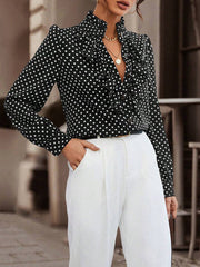 Loose Puff Sleeves Floral Pleated Polka-Dot Split-Joint Stand Collar Blouses