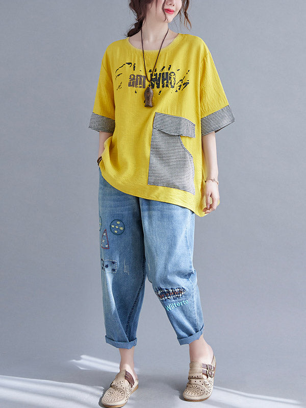 Original Letter Print Split-Joint Round-Neck T-Shirts Tops