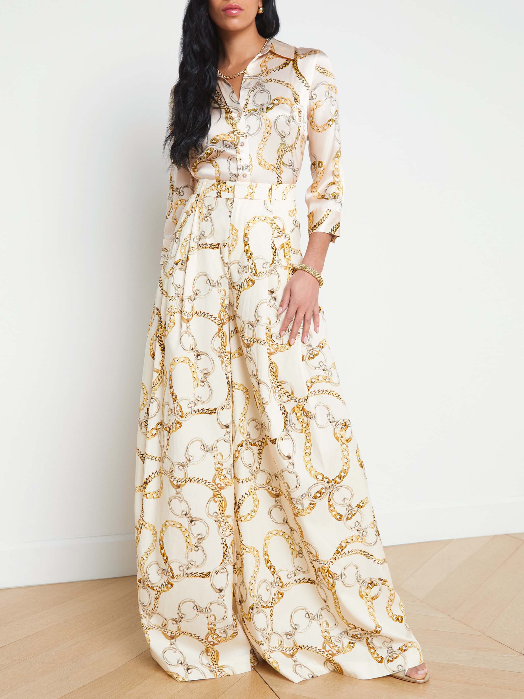 Exquisite Satin Chain Print Pocket Loose Wide-Leg Pants