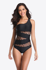 Sheer Polka Mesh One-Shoulder Swimsuit