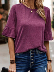 Ruffle Sleeves Asymmetric Buttoned Solid Color Split-Joint Round-Neck T-Shirts Tops