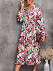 Leaf Print Medium Length Long Sleeved Dress