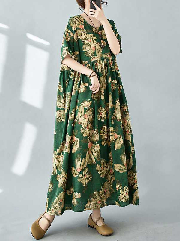 Half Sleeves Loose Flower Print Pleated Pockets Round-neck Midi Dresses