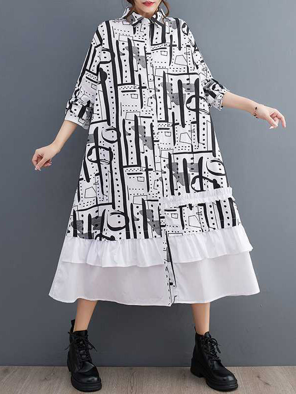 A-Line Long Sleeves Asymmetric Buttoned Printed Split-Joint Lapel Midi Dresses