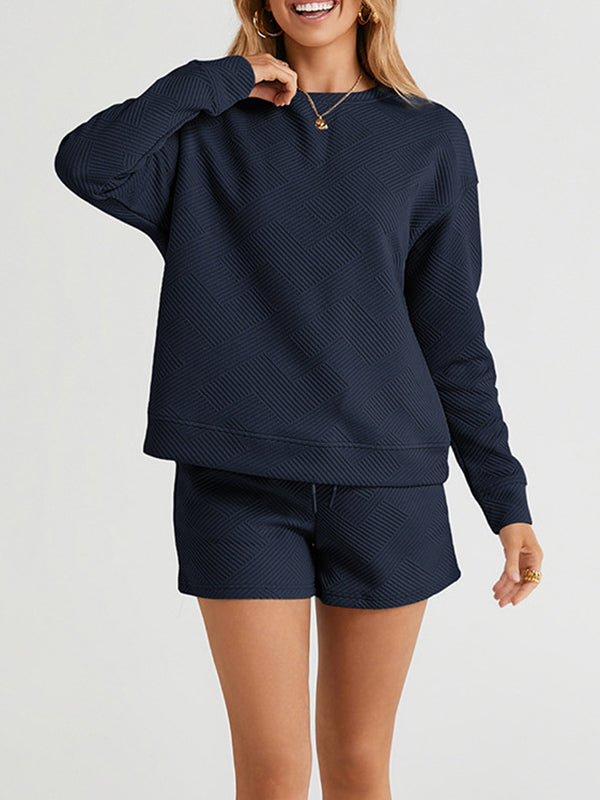 Long Sleeves Loose Solid Color Round-Neck Sweatshirt Top + Drawstring Shorts Bottom Two Pieces Set