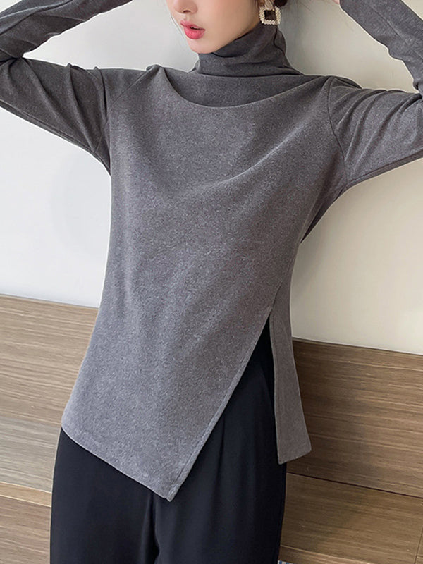 Casual Skinny Long Sleeves Split-Side Solid Color High-Neck T-Shirts Tops