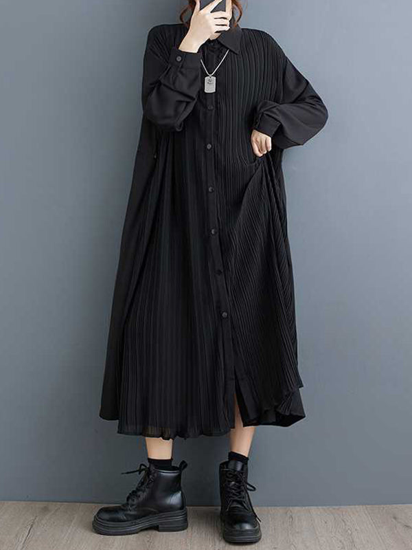 A-Line Long Sleeves Buttoned Pleated Pockets Split-Joint Lapel Midi Dresses Shirt Dress