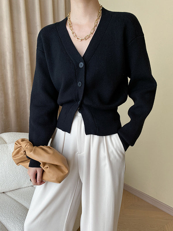 Long Sleeves Loose Solid Color V-Neck Cardigan Tops