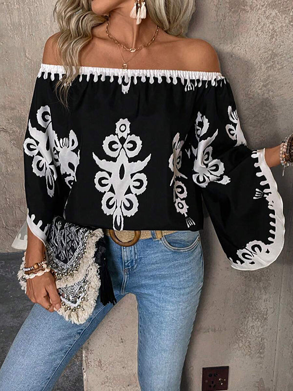 Long Sleeves Loose Elasticity Printed Off-The-Shoulder Blouses&Shirts Tops