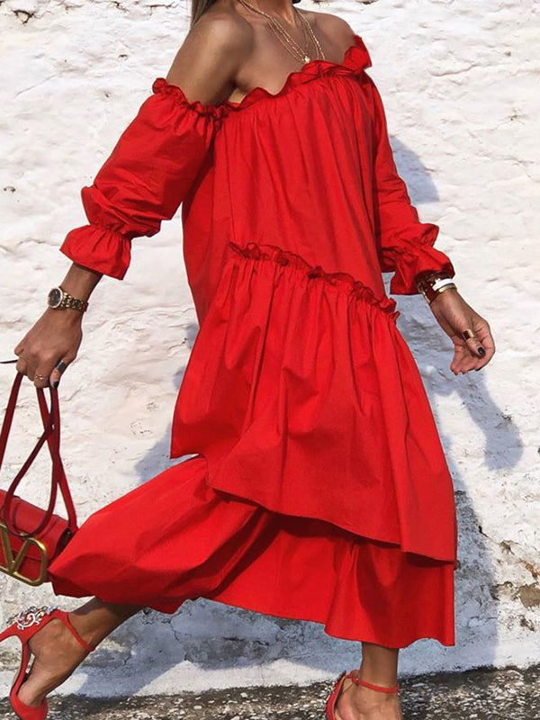 Loose Irregularity Falbala Solid Color Off-The-Shoulder Midi Dresses