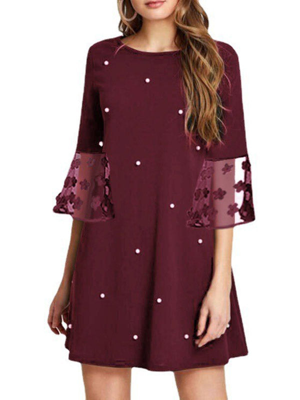 A-Line Loose Mesh Polka-Dot Split-Joint Three-Dimensional Flower Round-Neck Mini Dresses