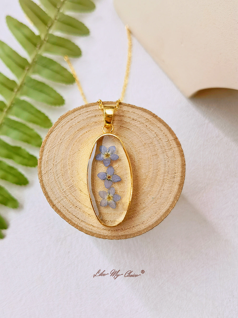 Forget Me Not Golden Oval Pendant  Natural Resin Necklace