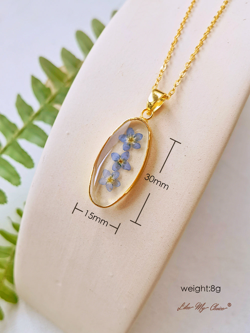 Forget Me Not Golden Oval Pendant  Natural Resin Necklace