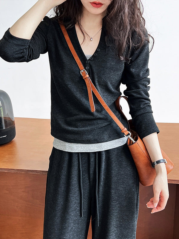 Long Sleeves Buttoned Hooded  T-Shirts Top + Vest Top + Wide Leg Drawstring Elasticity Pants Bottom Three Pieces Set