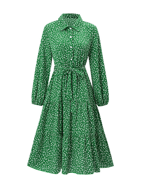 A-Line Long Sleeves Buttoned Flower Print Pleated Split-Joint Tied Waist Lapel Midi Dresses