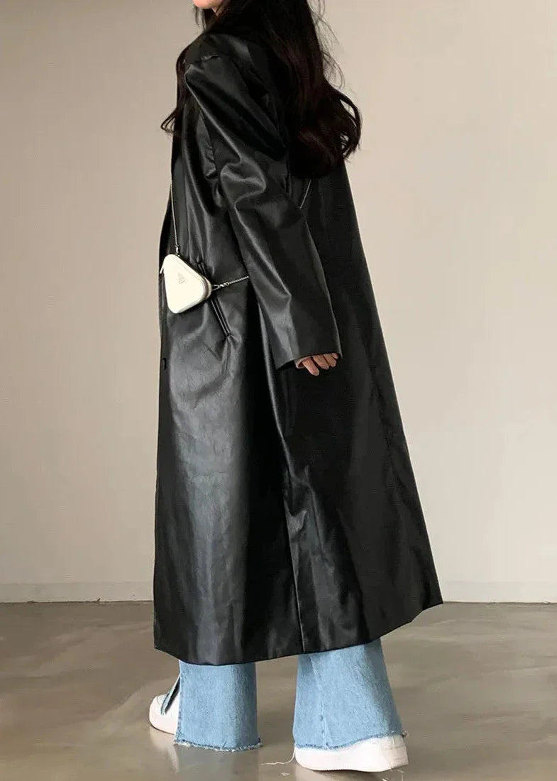 Retro Black PU Leather Trench Coat - Double-Breasted Chic