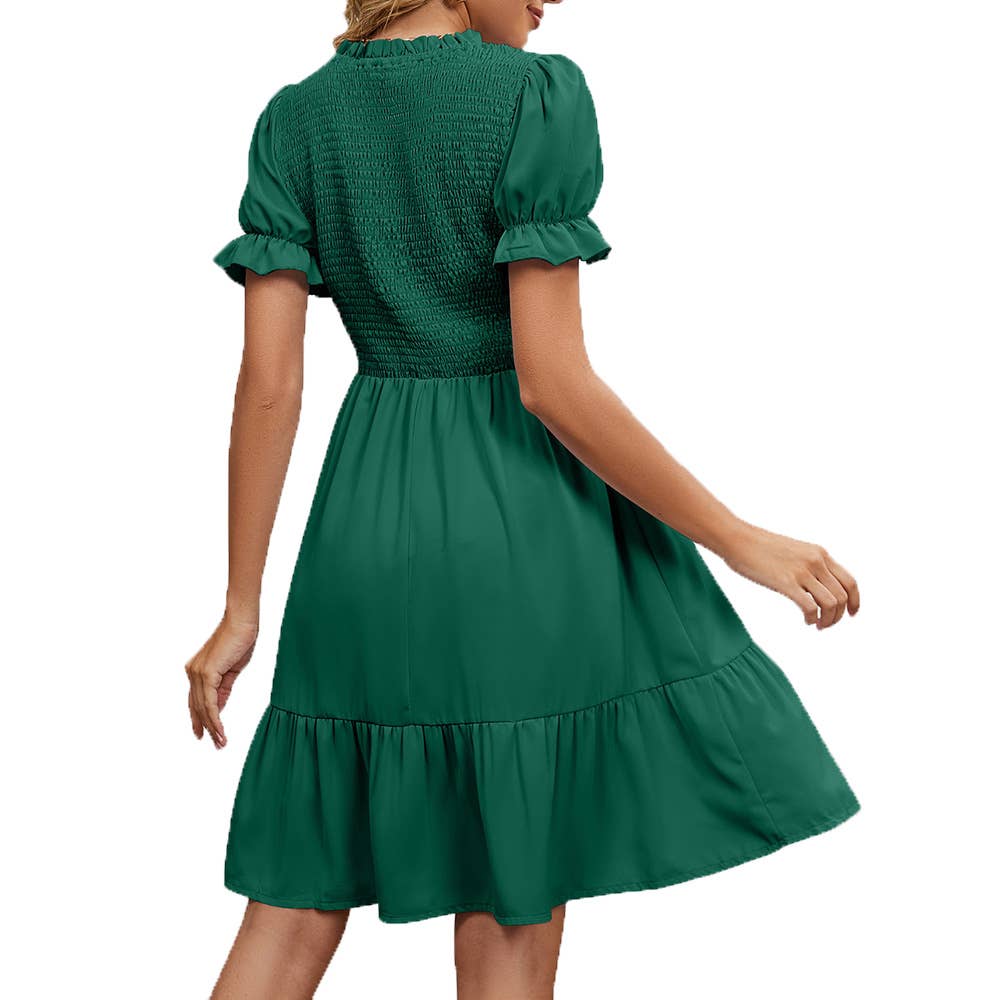 Short Sleeve Pleated Round Neck Midi Dress