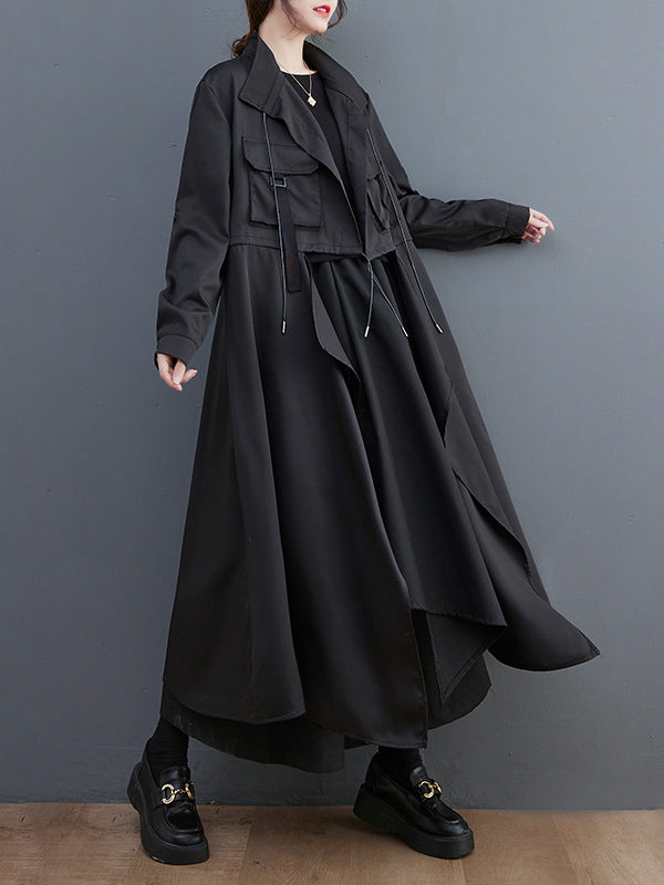 Loose Long Sleeves Drawstring Split-Joint Lapel Trench Coats