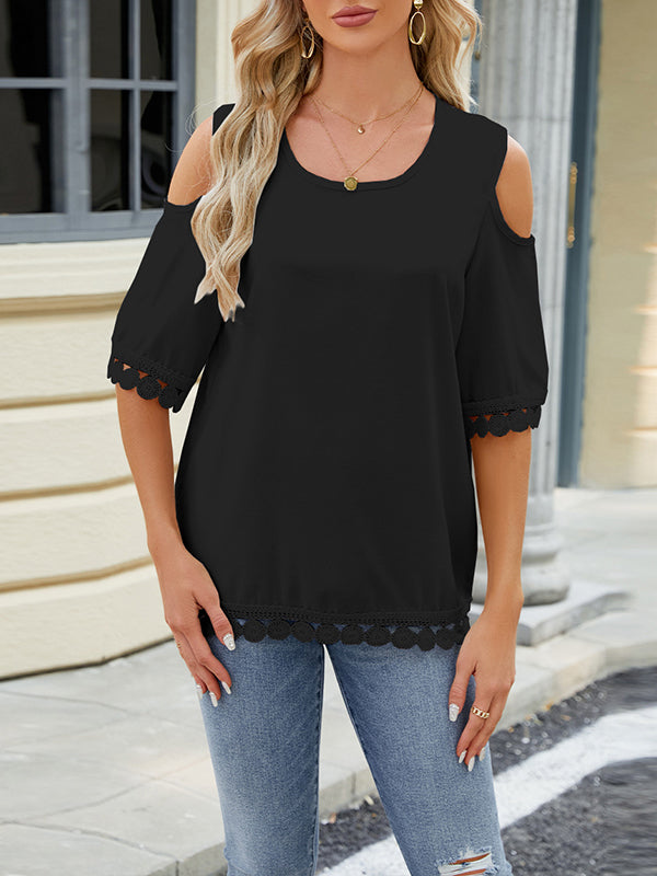 Loose Short Sleeves Solid Color Split-Joint Tasseled Cold Shoulder T-Shirts Tops