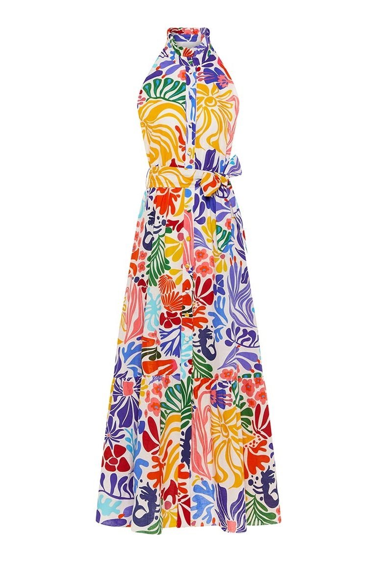 Hermosa Printed Button-up Belted Midi Dress