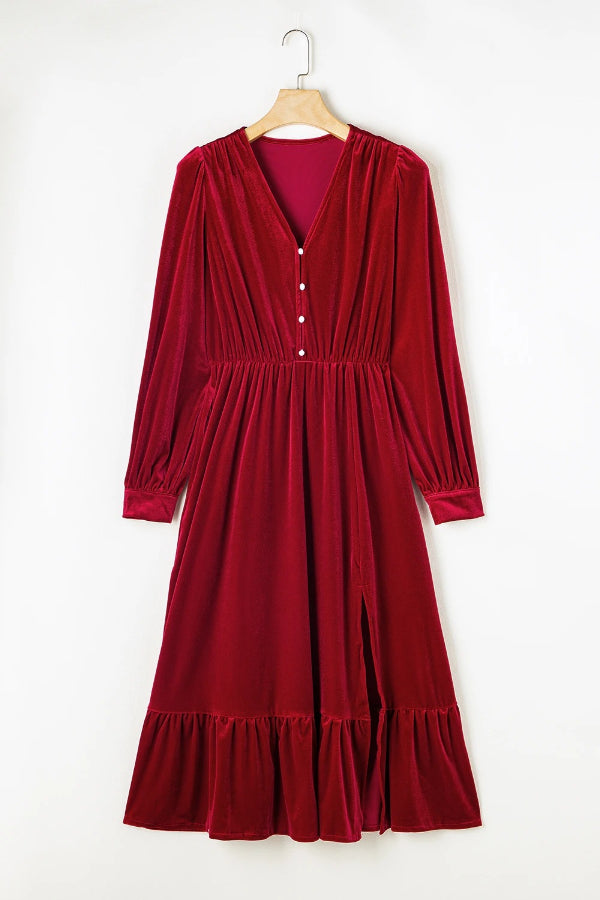 Racing Red Velvet Buttoned Puff Sleeve V Neck Split Midi Dress