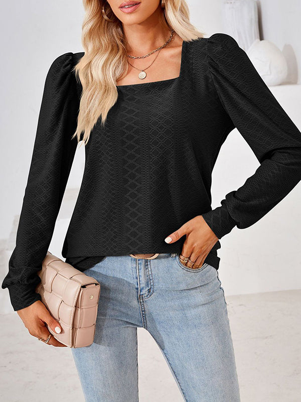 Loose Jacquard Solid Color Square-neck T-Shirts Tops