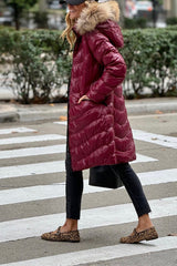 Burgundy Natural Fur Padded Coat