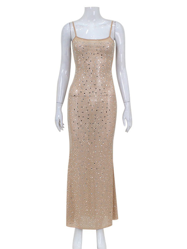 Bodycon Skinny See-Through Sequined Split-Joint Spaghetti-Neck Maxi Dresses