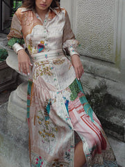 Exquisite Satin Print Palace Style Lantern Sleeve Midi Dress