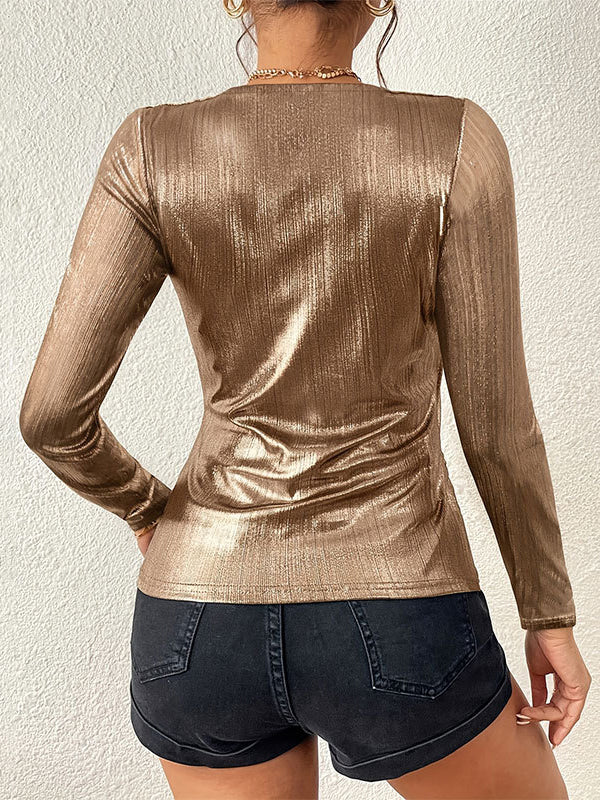 Long Sleeves Skinny Pleated Shiny Solid Color Split-Joint V-Neck T-Shirts