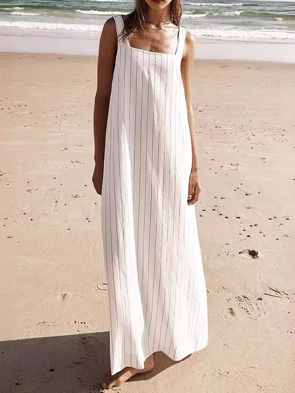 A-Line Loose Striped Square-Neck Maxi Dresses