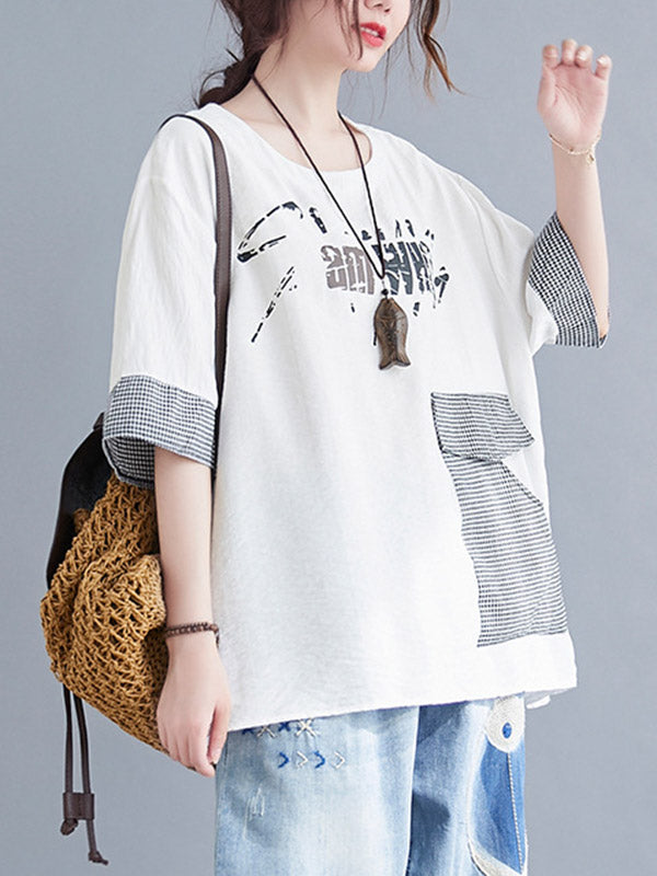 Original Letter Print Split-Joint Round-Neck T-Shirts Tops