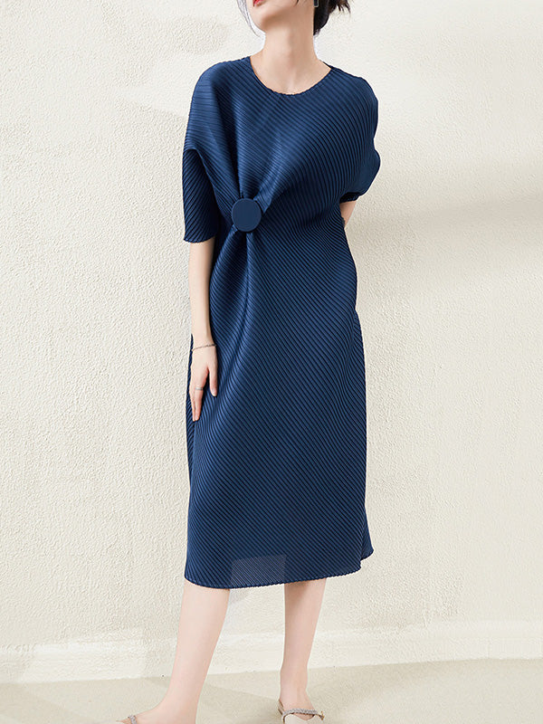 Stylish Irregularity Loose Pleated Solid Color Round-Neck Midi Dresses