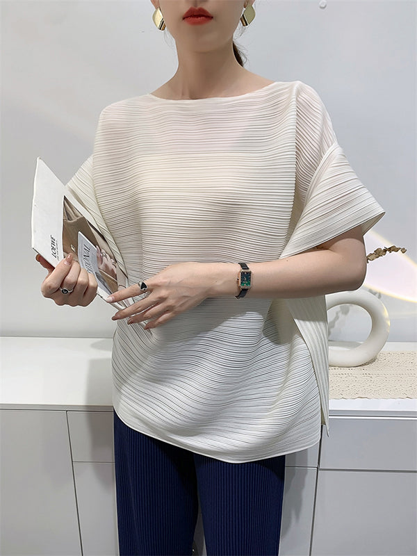 Batwing Sleeves Loose Pleated Solid Color Round-Neck T-Shirts Tops