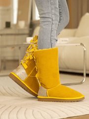 SMAIBULUN Ugg | Rhinestone Ribbon Tri-Tie Bow Suede Boots - Yellow