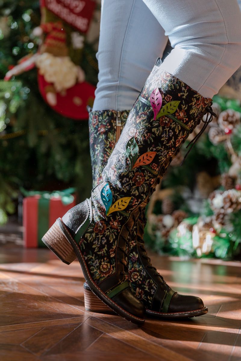 SOFFIA | FLORAL PATCHWORK APPLIQUE LEATHER CANVAS BOOT