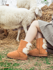 SMAIBULUN Ugg | Back Woollen Bow Suede Boots - Chestnut