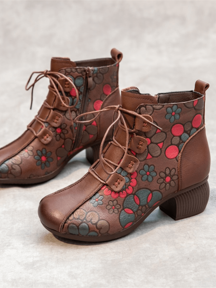 RUMOUR HAS IT | LACE-UP FLORAL EMBOSSED LEATHER BOOT - BROWN