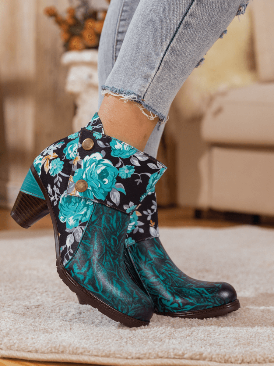 SOFFIA | TURQUOISE FLORAL ABSTRACT LEATHER BOOTIE