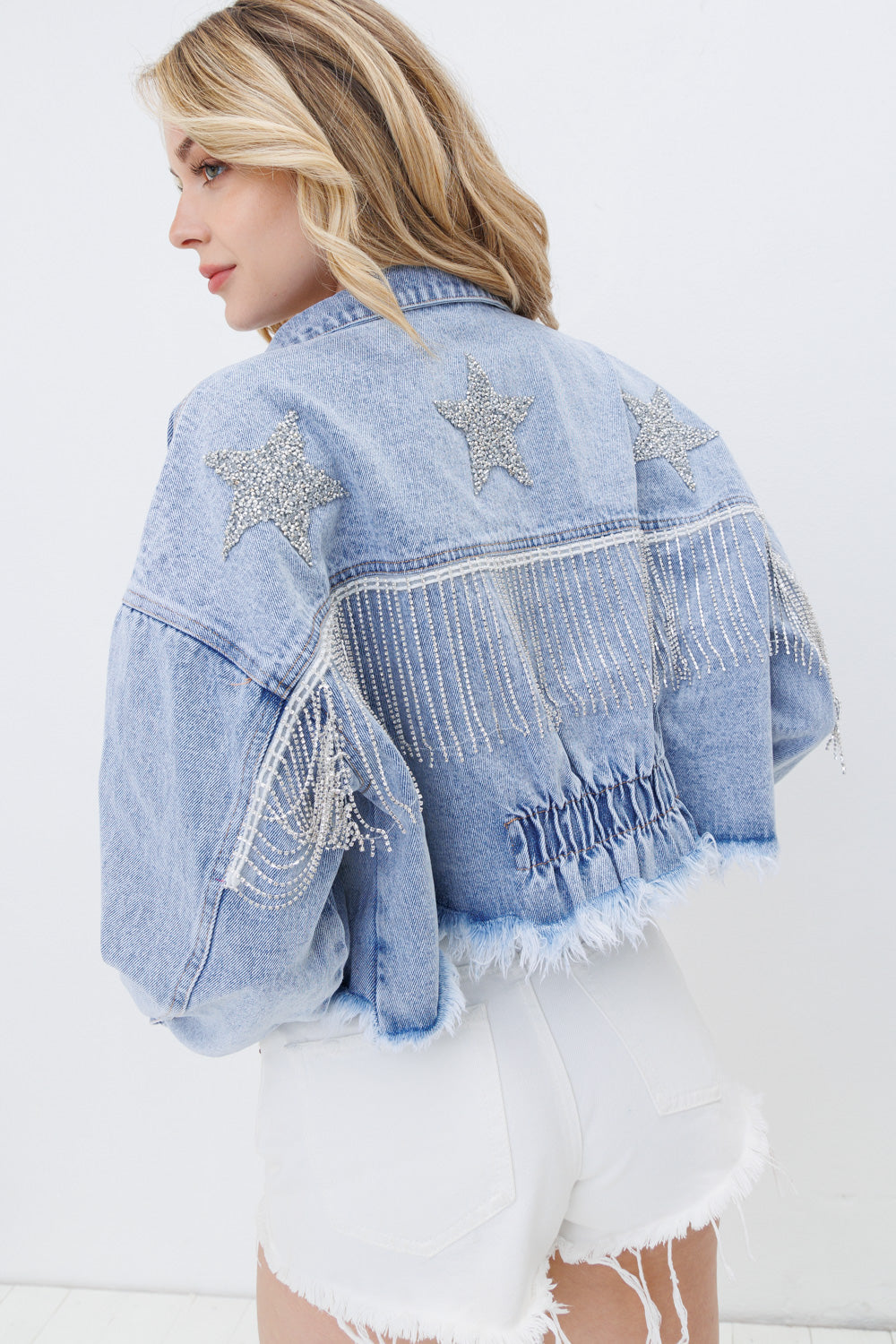 Stay On Stage Star Embellish Denim Jacket - Blue