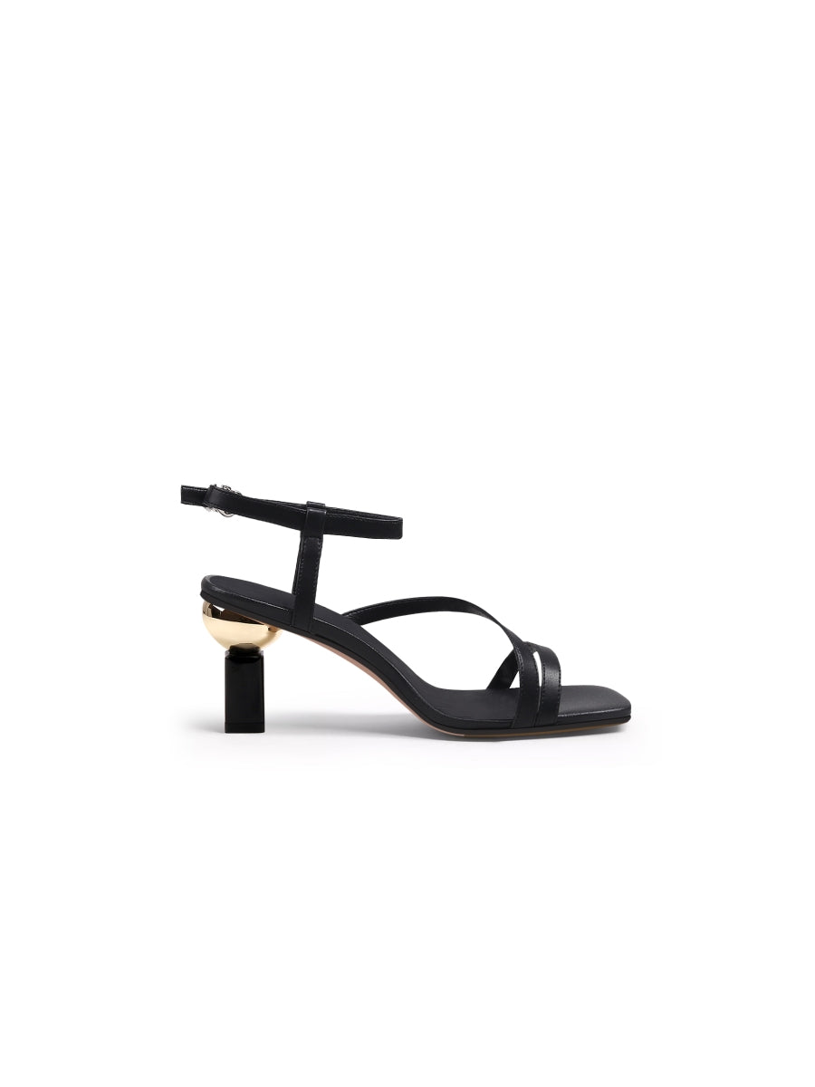 JadyRose | Block Heel Leather Black Ankle Strap Sandal