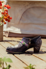 SOFFIA | Navy Leather Floral Strap-Accent Bootie