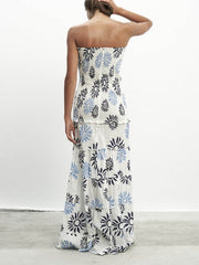 Elegant Sun Print Ruffled Strapless Maxi Dress