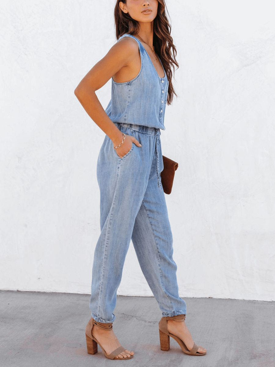 COURTNEY POCKETED SLEEVELESS DENIM JUMPSUIT - BLUE