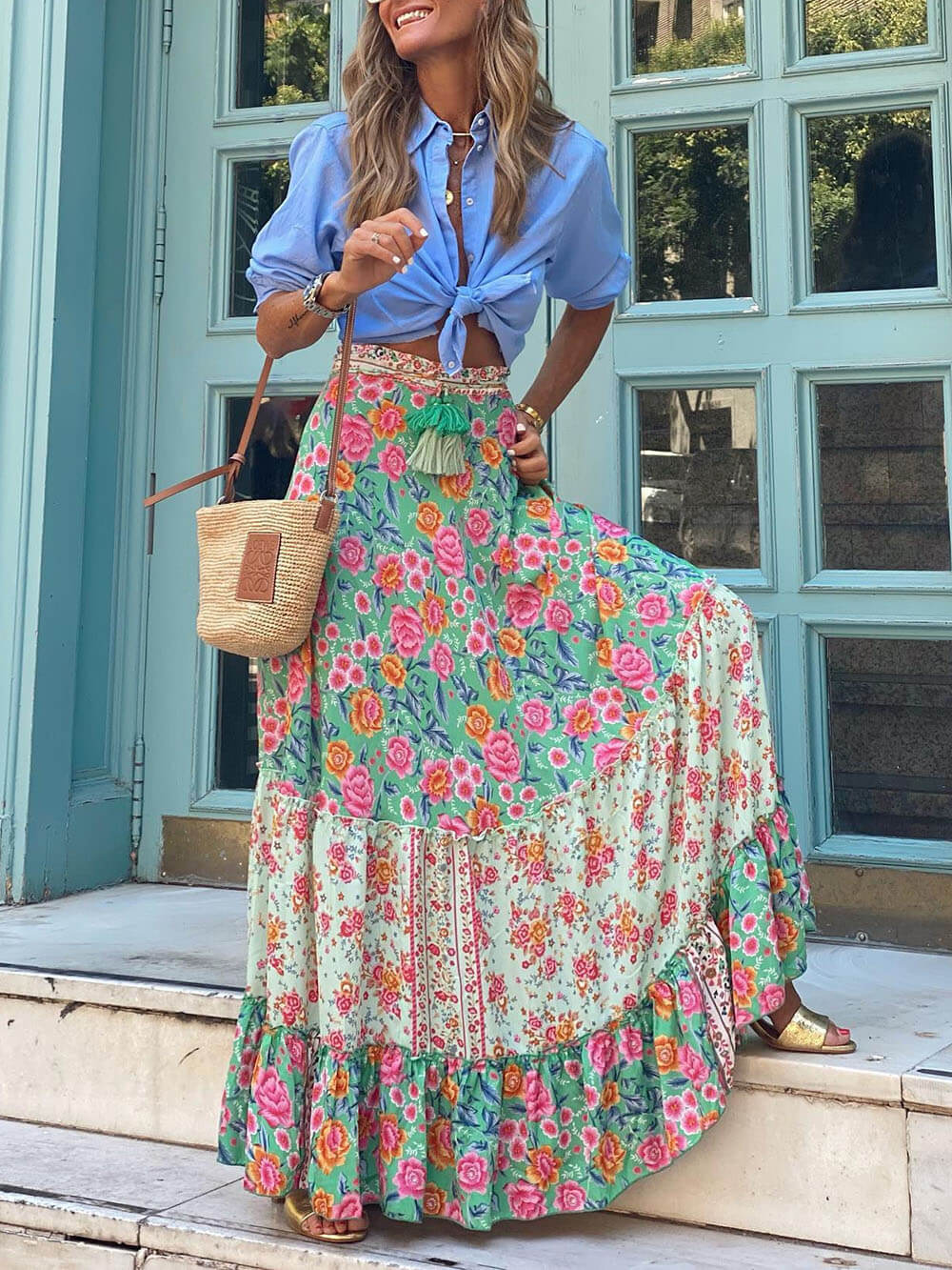 Bohemian Print Elastic Waist Tassel Maxi Skirt