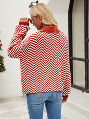 Benji Zig Zag Striped Batwing Sleeve Sweater - Red