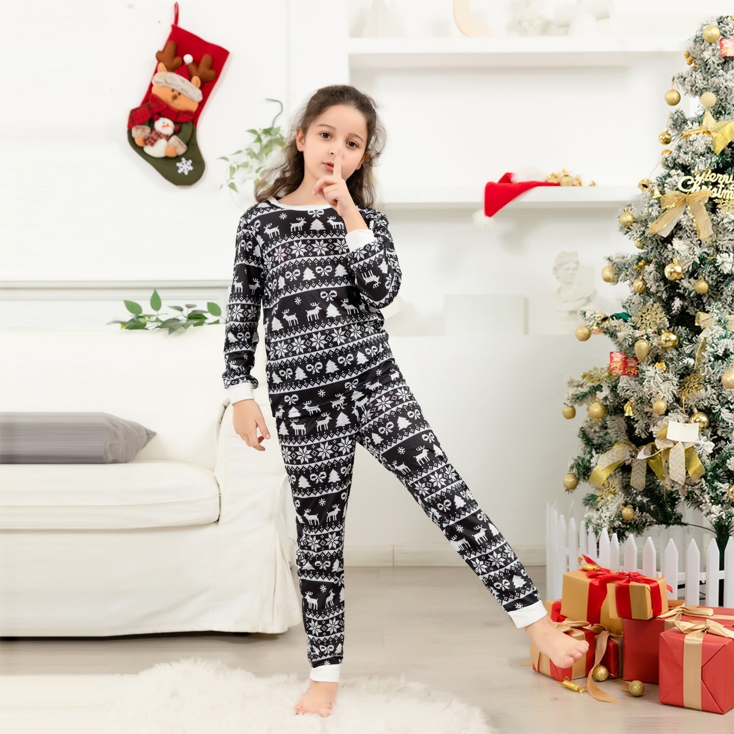 Christmas Black-White Print Family Matching Pajamas Set